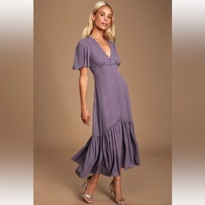 Lulus Carlye Dusty Purple Button-Up Short Sleeve Midi Dress Small Flowy